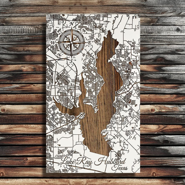 Lake Ray Hubbard, Texas Wood Map Burnt LaserCut Wall Map