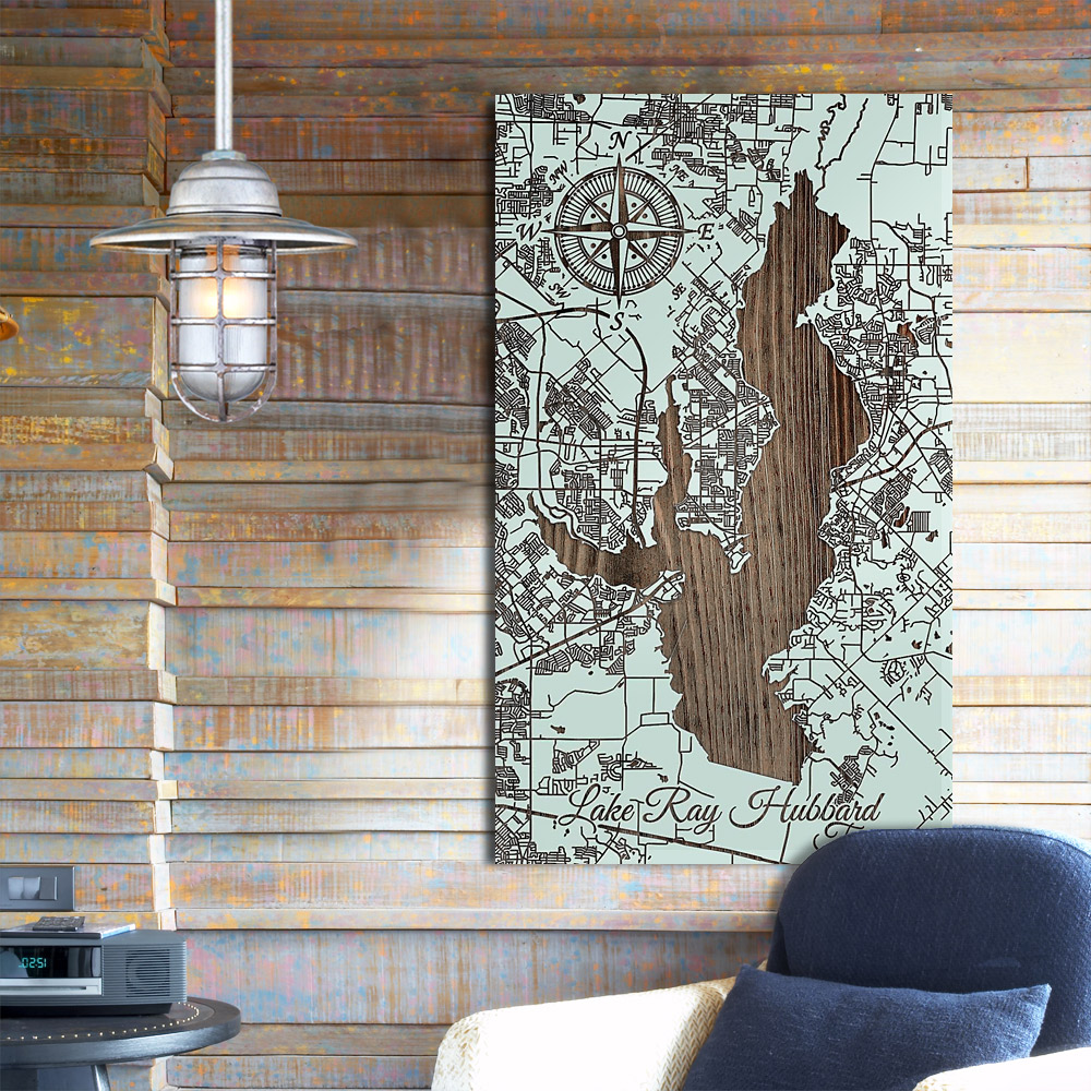 Lake Ray Hubbard, Texas Wood Map Burnt LaserCut Wall Map