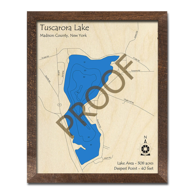 Tuscarora Lake, NY 3D Wood Map Laseretched Nautical Decor