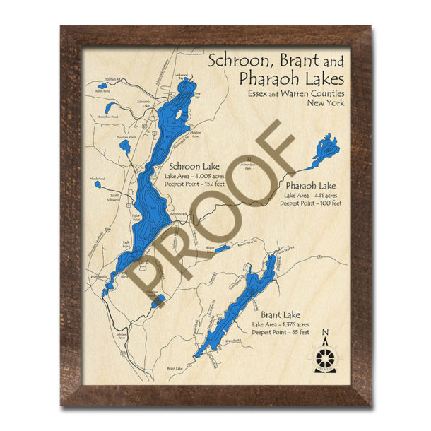 Schroon Lake, Brant Lake, Pharaoh Lake, NY 3D Wood Map Laseretched