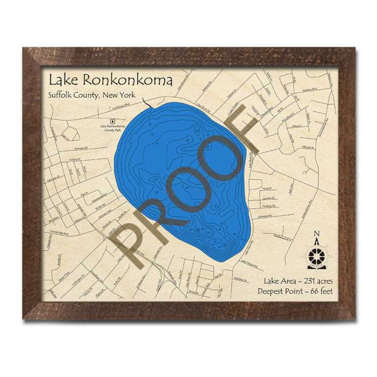 Lake Ronkonkoma, NY 3D Wood Map Laseretched Nautical Decor