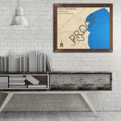Lake Champlain at Plattsburgh, NY 3D Wood Map | Laser-etched Nautical Decor