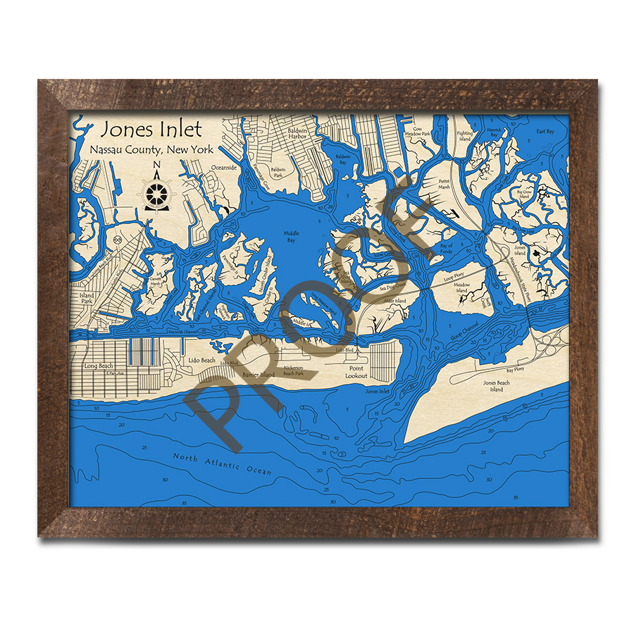 Jones Inlet - Jones Beach, NY 3D Wood Map | Laser-etched Nautical