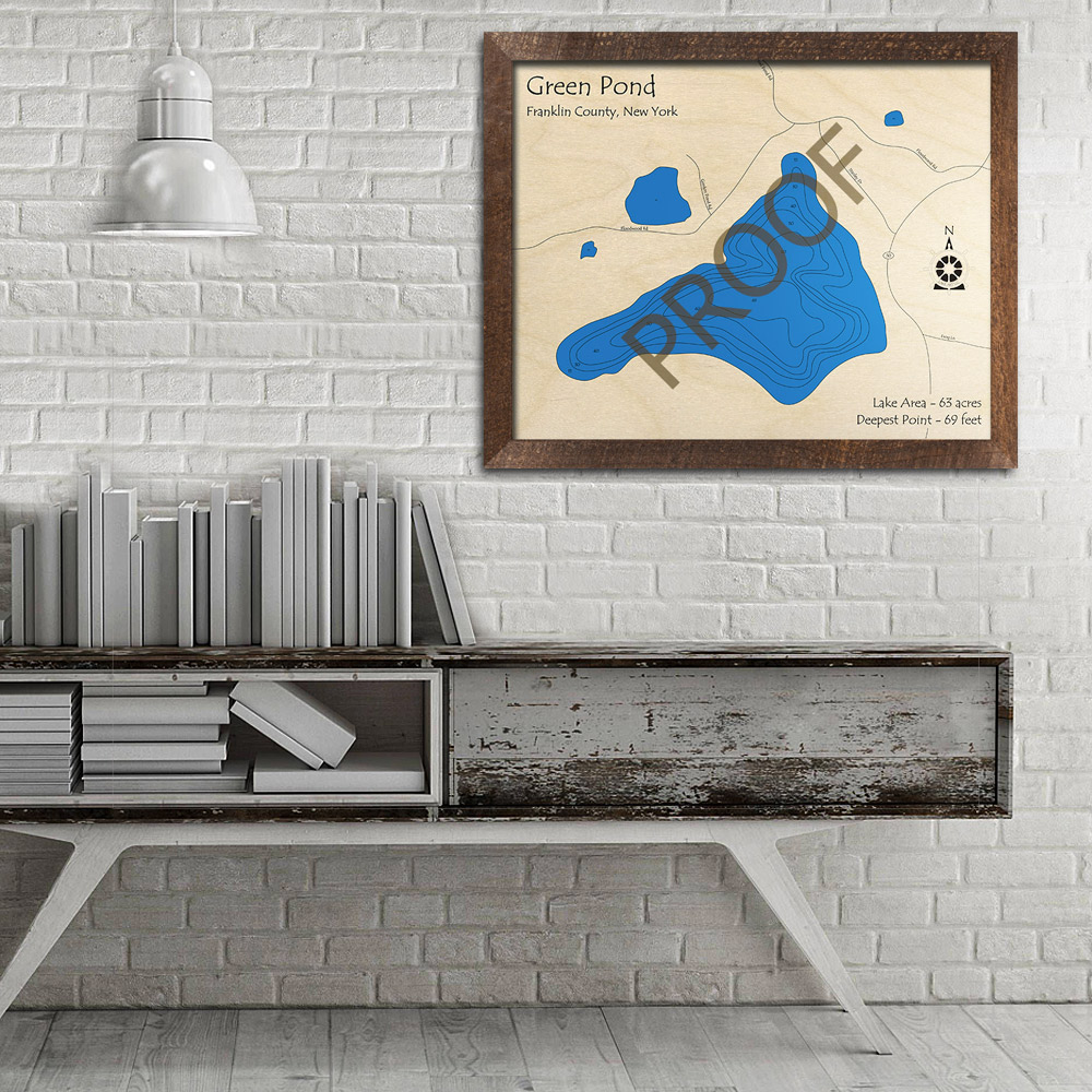 Green Pond, NY 3D Wood Map Laseretched Nautical Decor