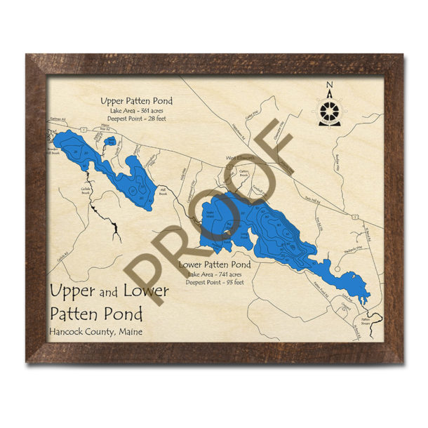 Upper Lower Patten Pond, Maine 3D Wood Map Laseretched Nautical Decor