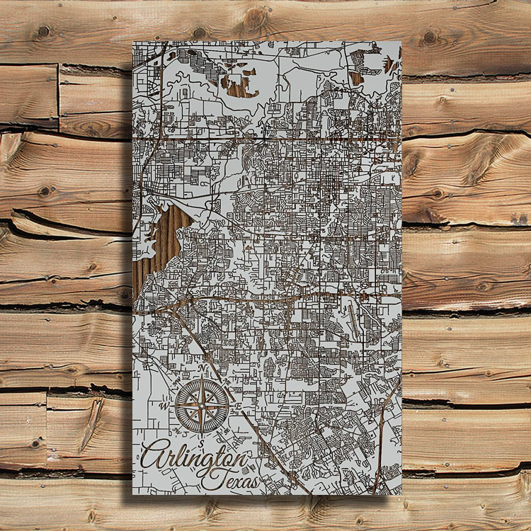 Arlington, Texas Wooden Map | Burnt Laser-Cut Wall Map