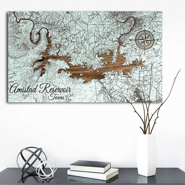 Amistad Reservoir, Texas Wooden Map Burnt LaserCut Wall Map