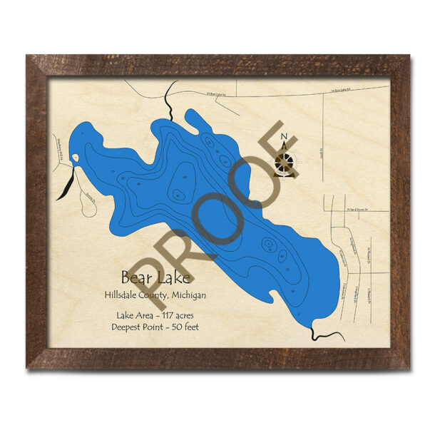 Bear Lake (Hillsdale County), MI 3D Wood Map Michigan Nautical Wall Art