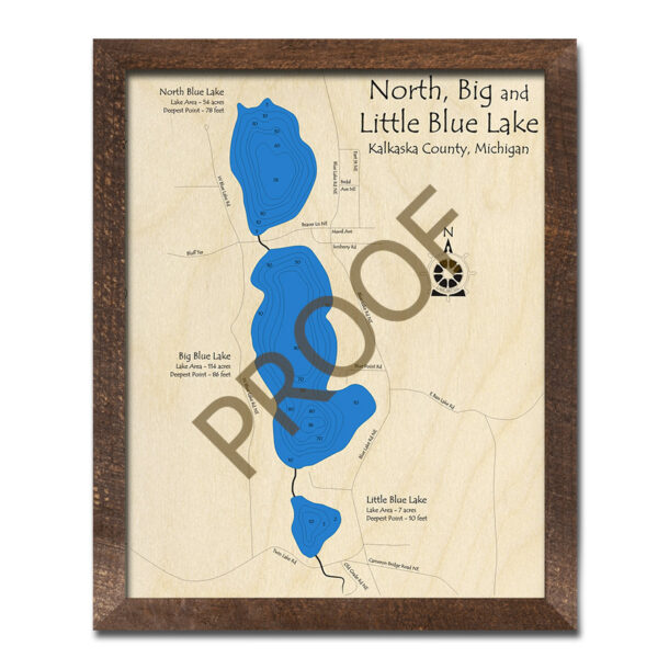 North Blue Lake Big Blue Lake Little Blue Lake, MI 3D Wood Map