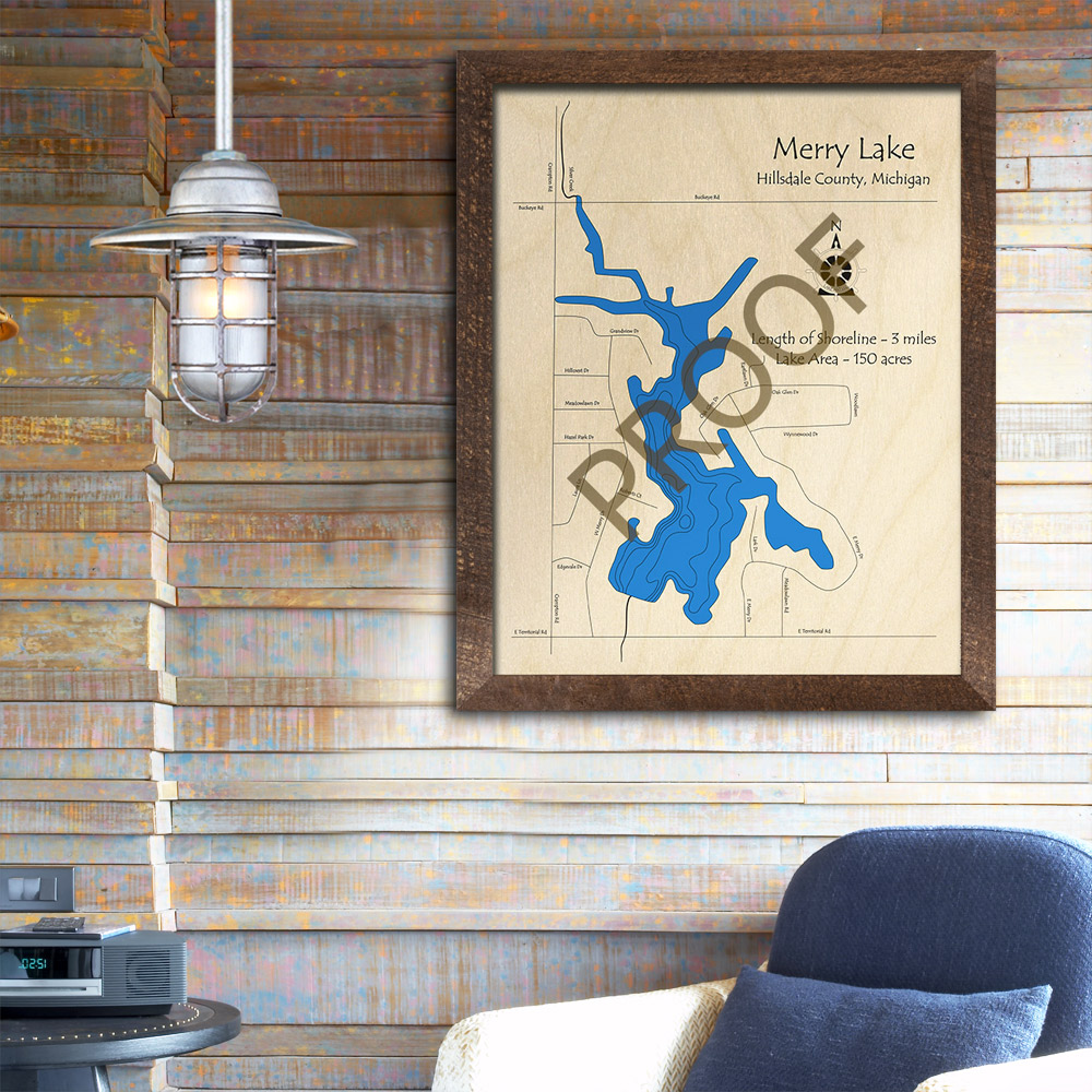 Merry Lake, MI 3D Wood Map Michigan Nautical Wall Art