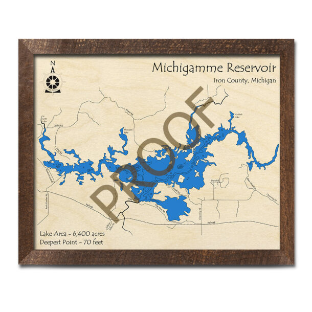 Michigamme Reservoir (Iron County), MI 3D Wood Map Michigan Nautical