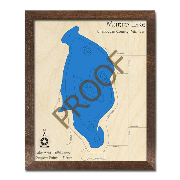 Munro Lake, MI 3D Wood Map Michigan Nautical Wall Art