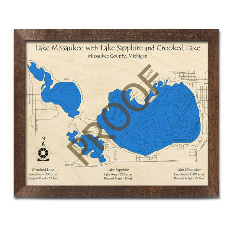 Lake Missaukee Lake Sapphire Crooked Lake, MI 3D Wood Map