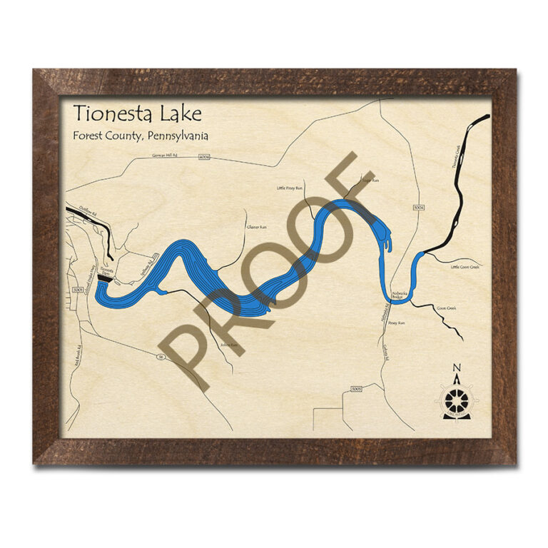 Tionesta Lake, Pennsylvania 3D Wood Map Laseretched Nautical Wall Art