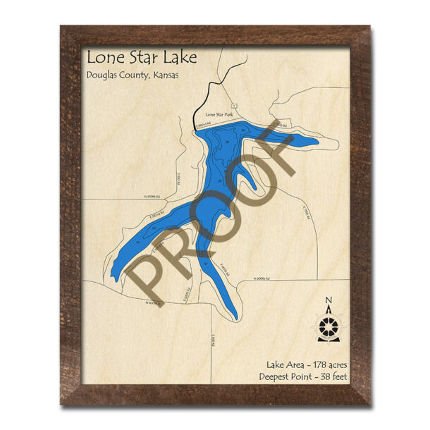 Lone Star Lake, Kansas 3D Wood Map Laseretched Nautical Wall Art
