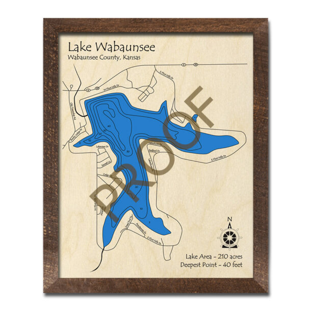 Lake Wabaunsee, Kansas 3D Wood Map Laseretched Nautical Wall Art