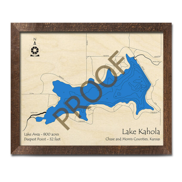 Lake Kahola, Kansas 3D Wood Map Laseretched Nautical Wall Art
