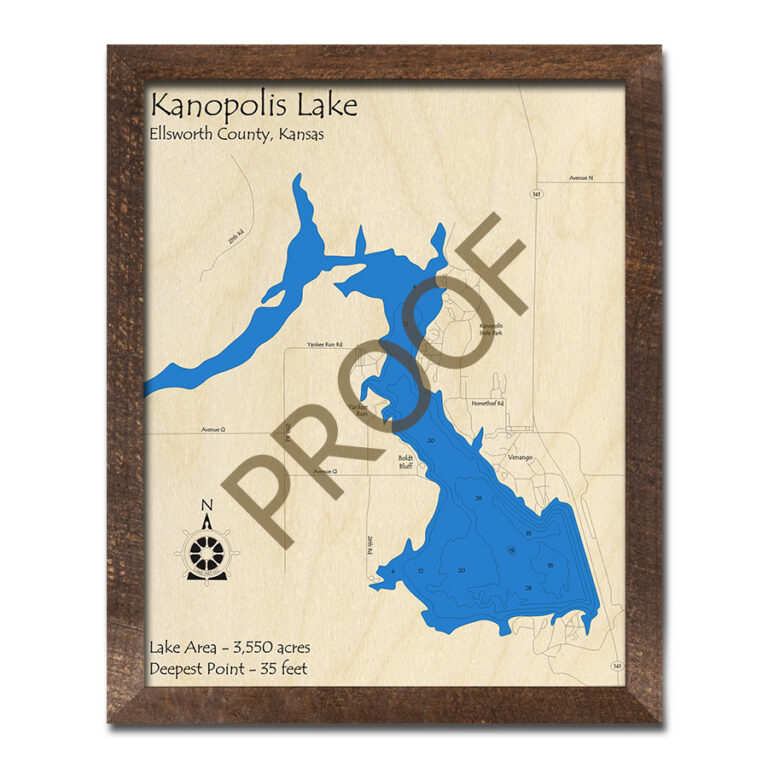 Kanopolis Lake, Kansas 3D Wood Map Laseretched Nautical Wall Art