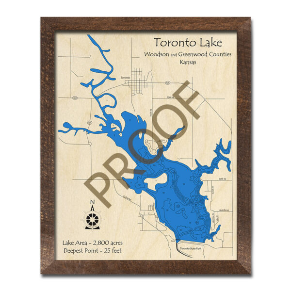 Toronto Lake, Kansas 3D Wood Map Laseretched Nautical Wall Art