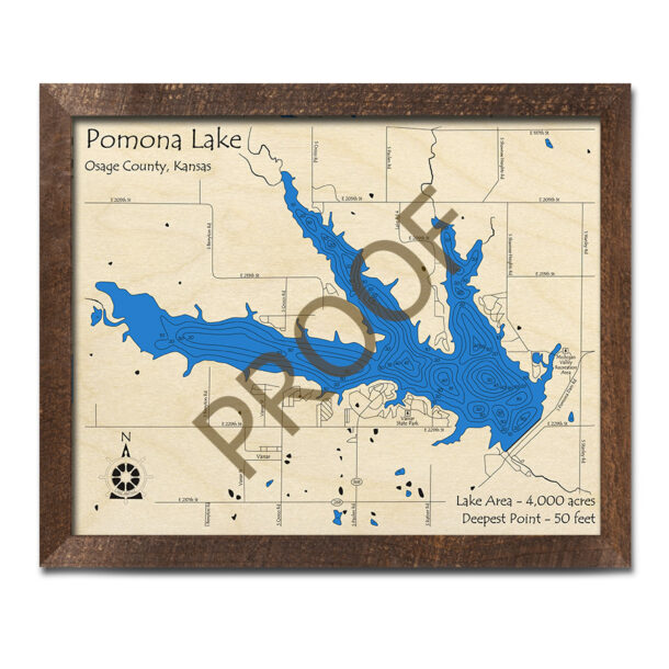 Pomona Lake, Kansas 3D Wood Map Laseretched Nautical Wall Art
