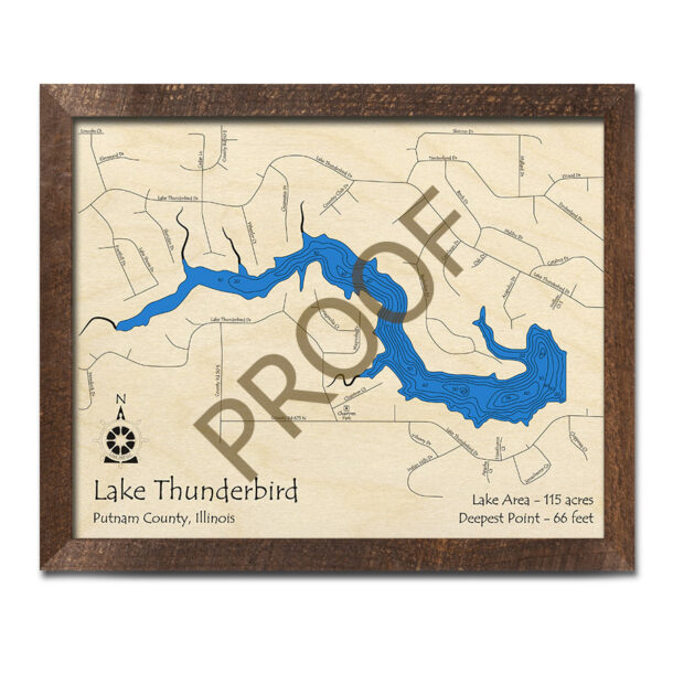 Lake Thunderbird, Illinois 3D Wood Map Laseretched Nautical Wall Art