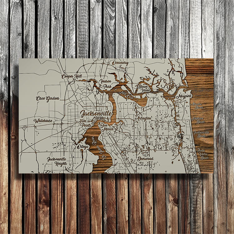 Jacksonville FL Map - Wooden Sign | Burnt Laser-carved Wall Decor