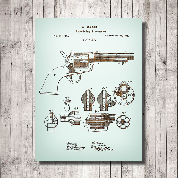 Colt 45 Firearm Patent Art Wooden Sign | Laser Engraved Wall Art