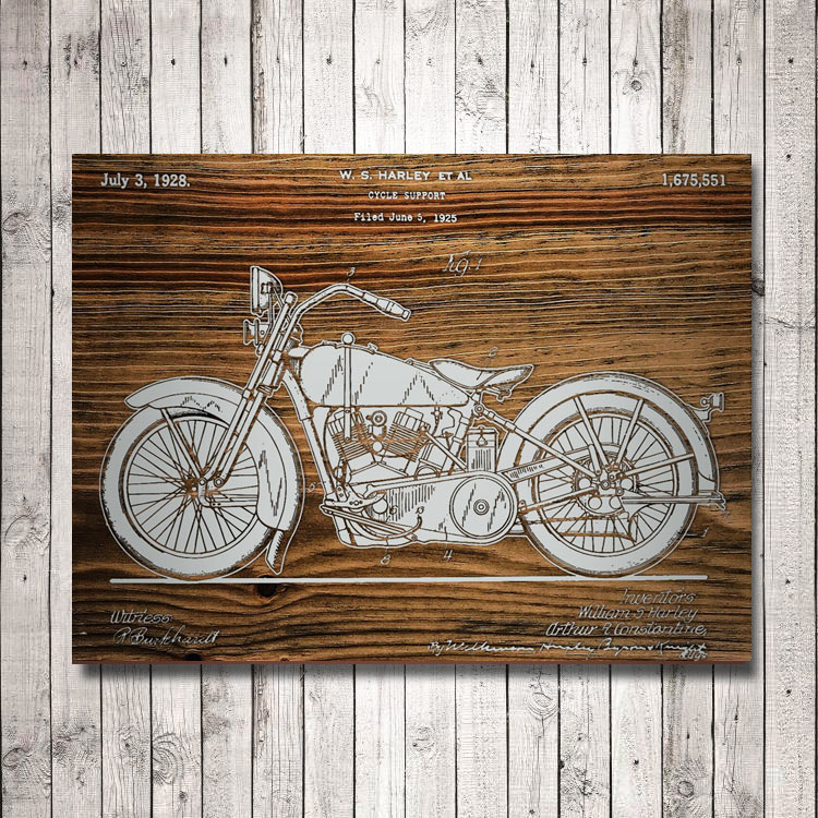 Harley Davidson Motorcycle Patent Art Wood Sign | Laser Engraved
