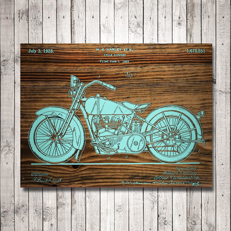 Harley Davidson Motorcycle Patent Art Wood Sign | Laser Engraved
