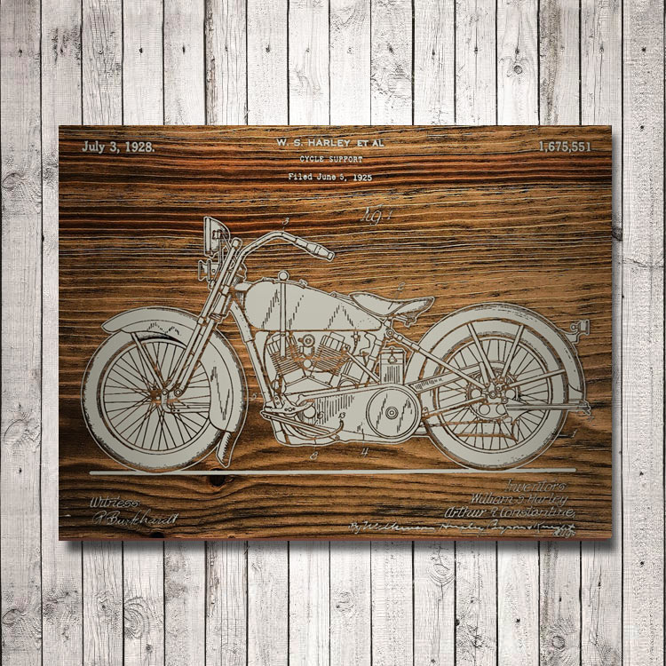 Harley Davidson Motorcycle Patent Art Wood Sign | Laser Engraved