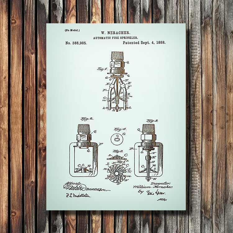 Neracher Fire Sprinkler Patent Art Wooden Sign | Laser Engraved