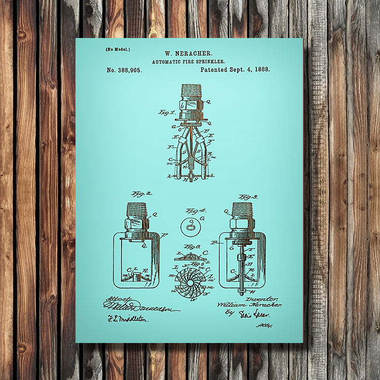 Neracher Fire Sprinkler Patent Art Wooden Sign | Laser Engraved