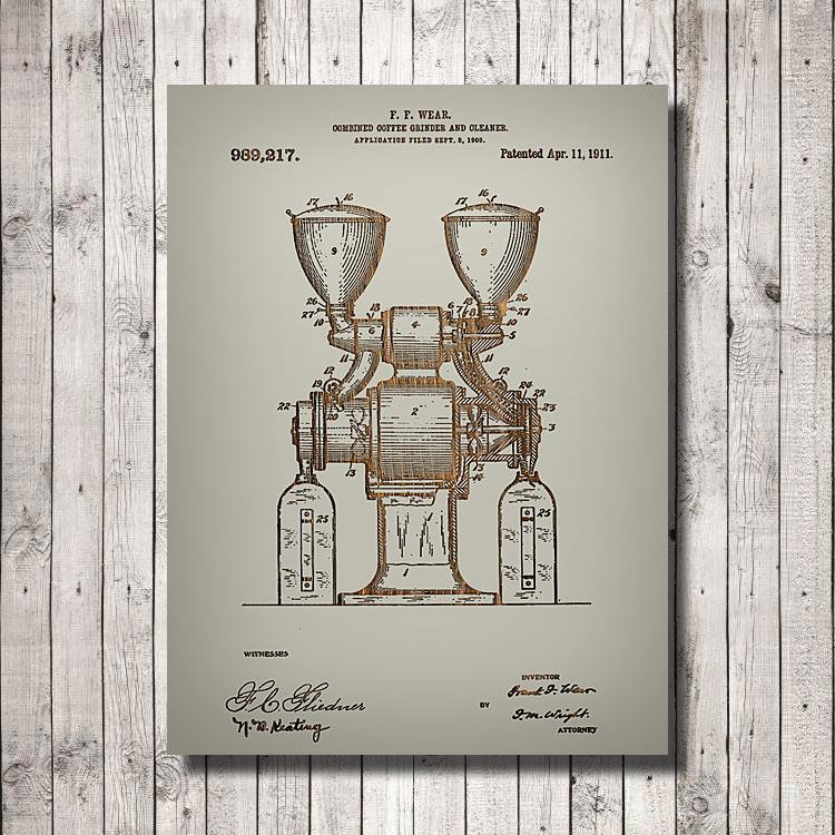 Coffee Grinder and Cleaner Patent Art Wooden Sign | Laser Engraved
