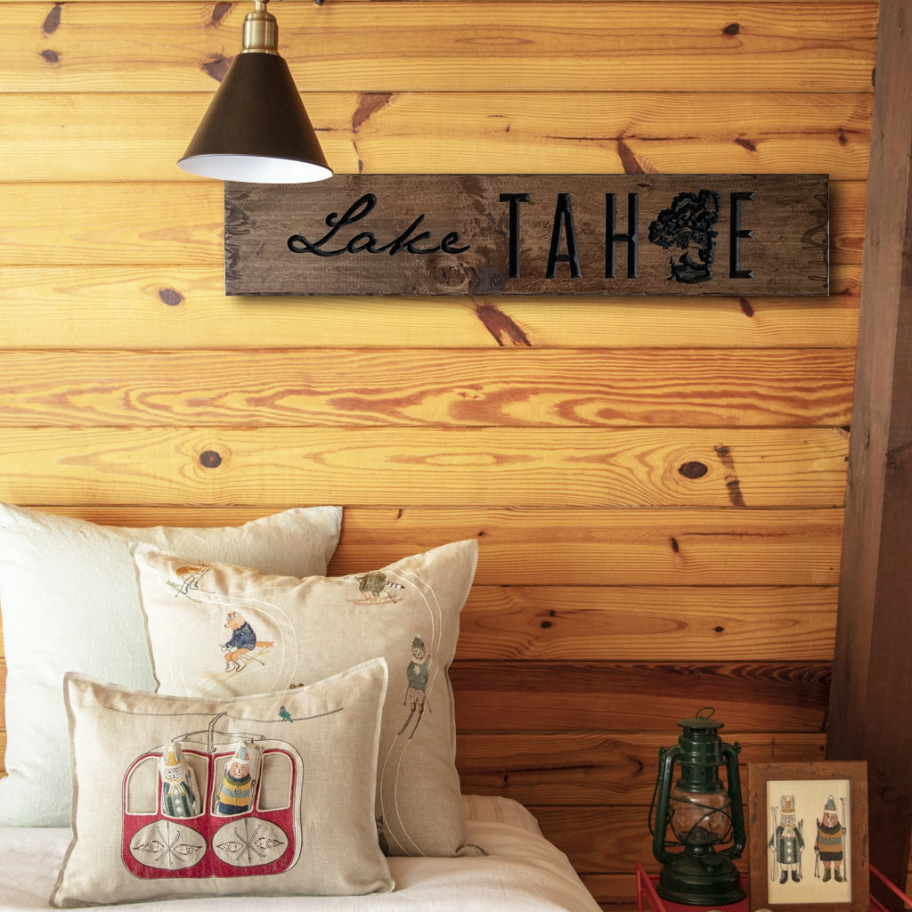 Lake Theme Wood Block Sign - Rustic Cabin In The Woods Desk Decor For Home Office Shelf Display