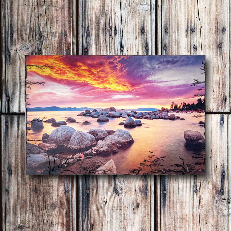 Lake Tahoe Sunset Lake Art Printed on Wood Electrified Lightning
