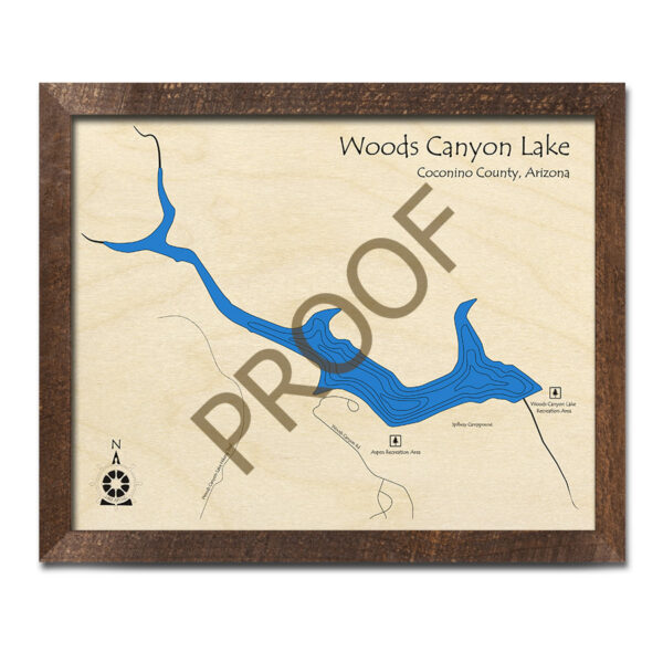 Woods Canyon Lake 3D Wood Map, Arizona, Nautical Wood Chart