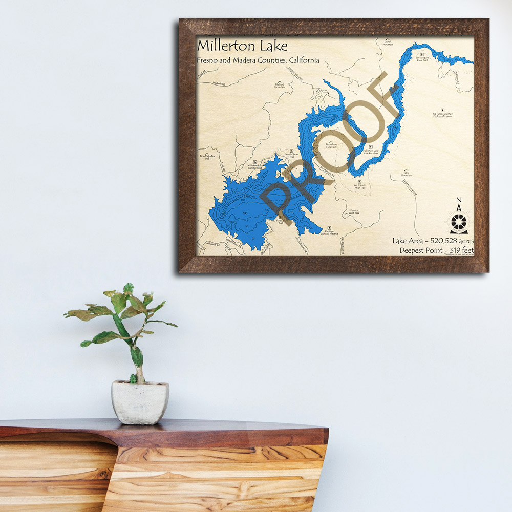 Millerton Lake CA 3D Wood Map, California, Nautical Wood Chart
