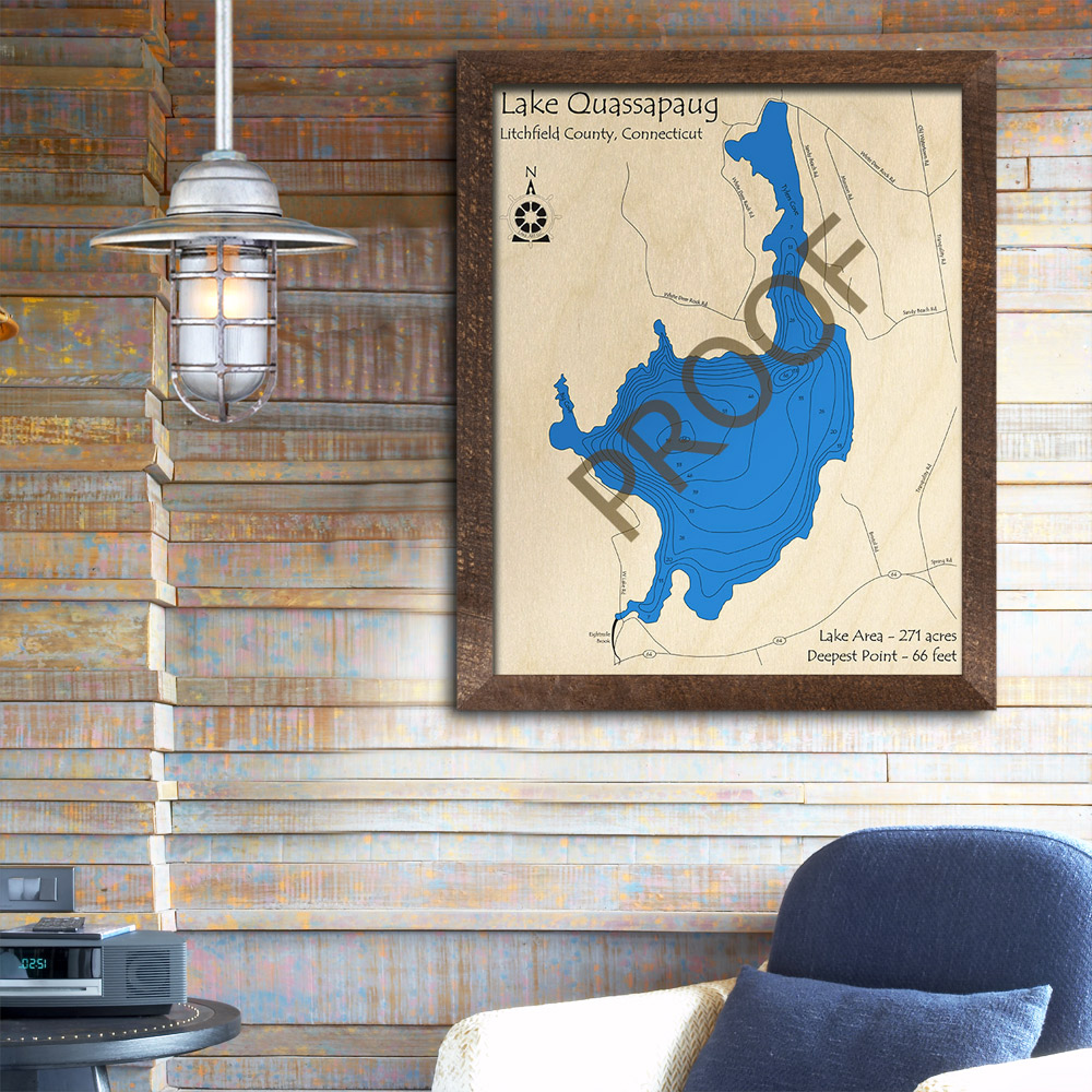 Lake Quassapaug CT 3D Wood Map, Connecticut, LaserCut Nautical Wood Chart