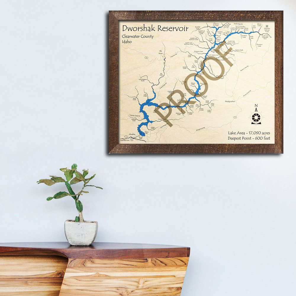 Dworshak Reservoir 3D Wood Map, Idaho, Laser-Cut Nautical Wood Chart
