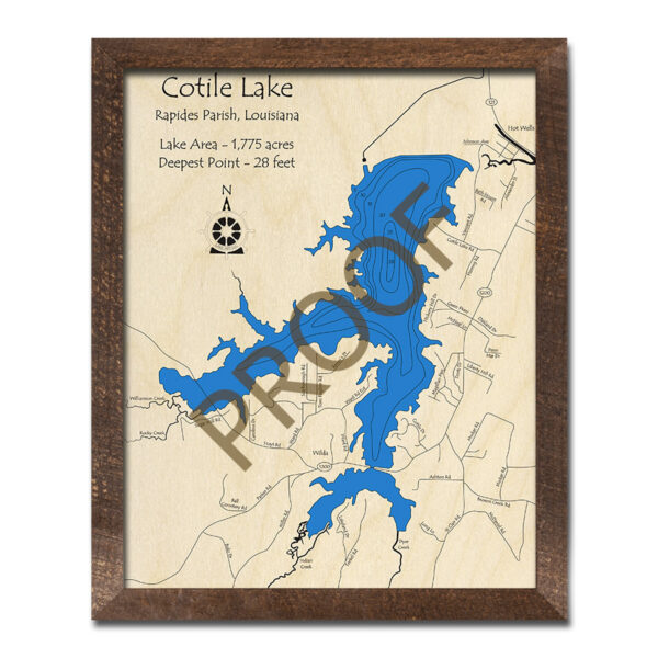 Cotile Lake 3D Wood Map, Louisiana, LaserCut Nautical Wood Chart