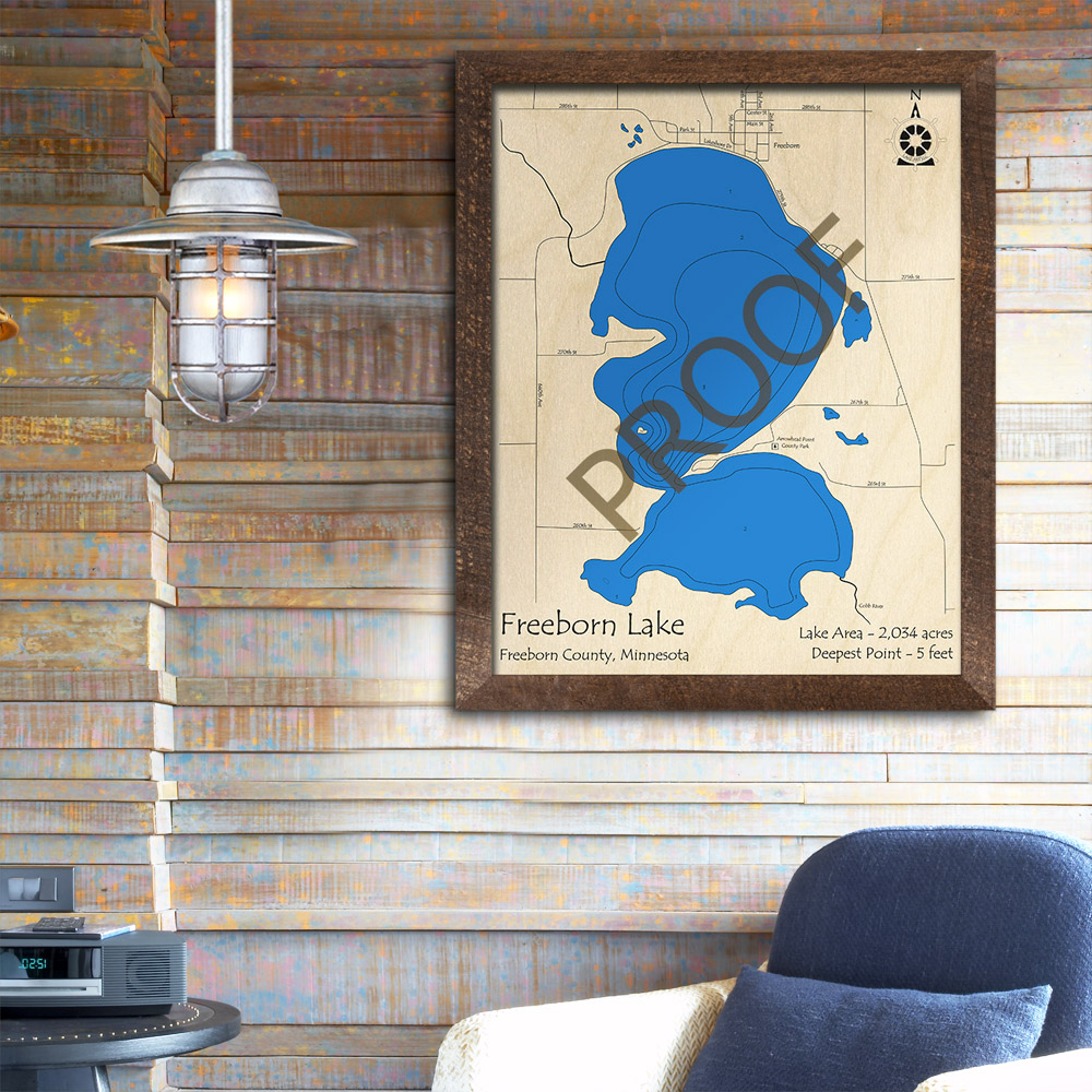 Freeborn Lake 3D Wood Map, Freeborn County Minnesota, Nautical Wood Chart
