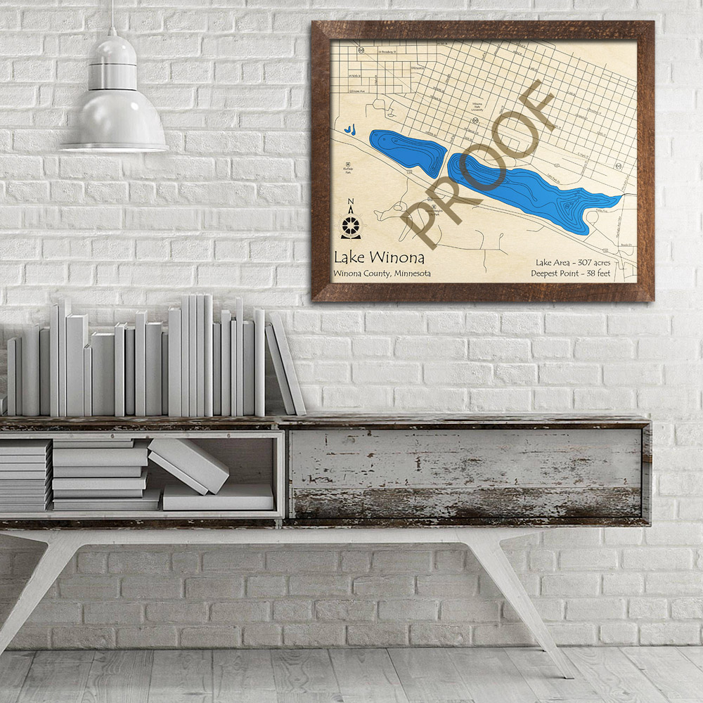 Lake Winona 3D Wood Map, Winona County Minnesota, Nautical Wood Chart