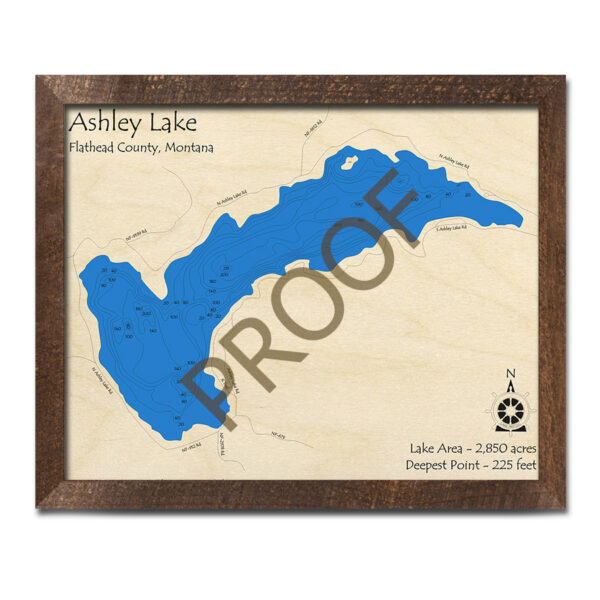 Ashley Lake 3D Wood Map, Montana, Nautical Wall Art