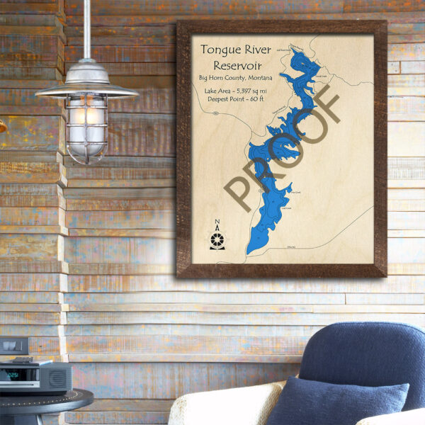 Tongue River Reservoir 3D Wood Map, Montana, Nautical Wall Art