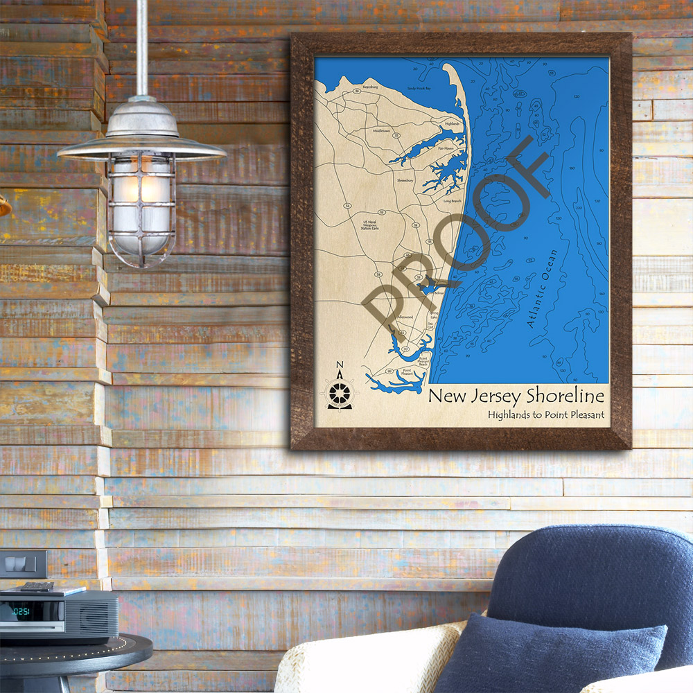 Northern New Jersey Shore 3D Wood Map, Nautical Map Art