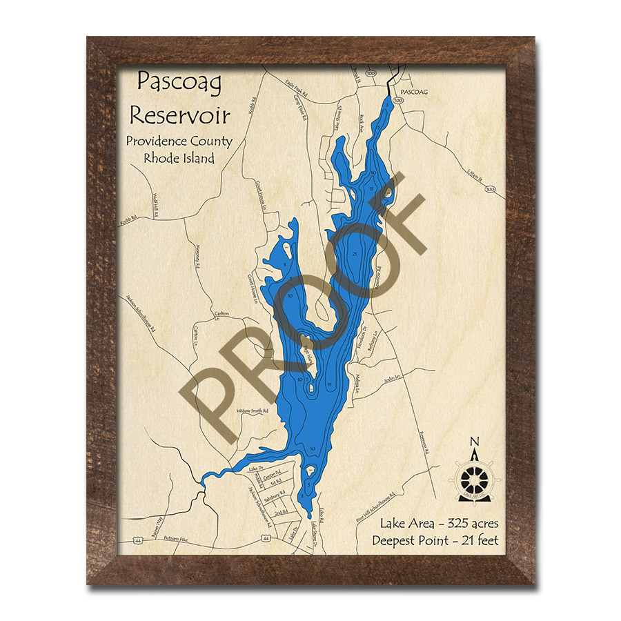 Pascoag Reservoir RI 3D Wood Map, Rhode Island, Nautical Map Art