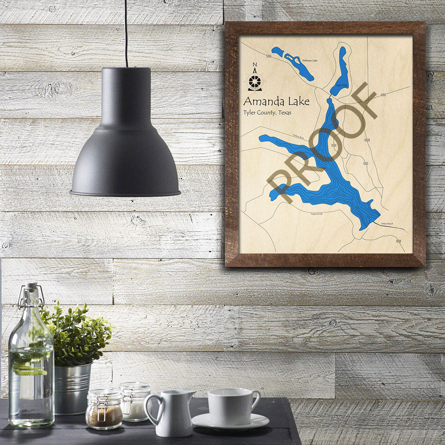 Amanda Lake Wood Map, Texas, Custom Lake Art