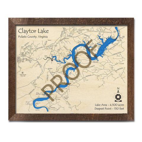 Claytor Lake 3D Wood Map, Virginia, Custom Map Art