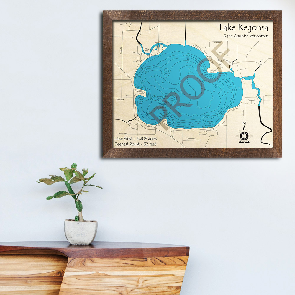 Lake Kegonsa WI 3D Wood Map, Wisconsin, Custom Map Art