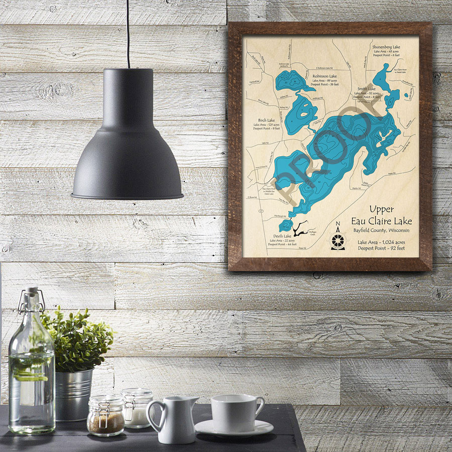 Upper Eau Claire Lake, WI 3D Wood Map, Custom Lake